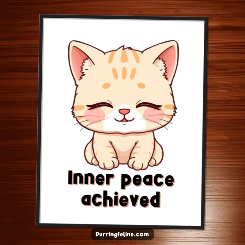 Funny Digital Art Print of a content cat cub with closed eyes and a serene smile, ideal for instant peaceful decor.