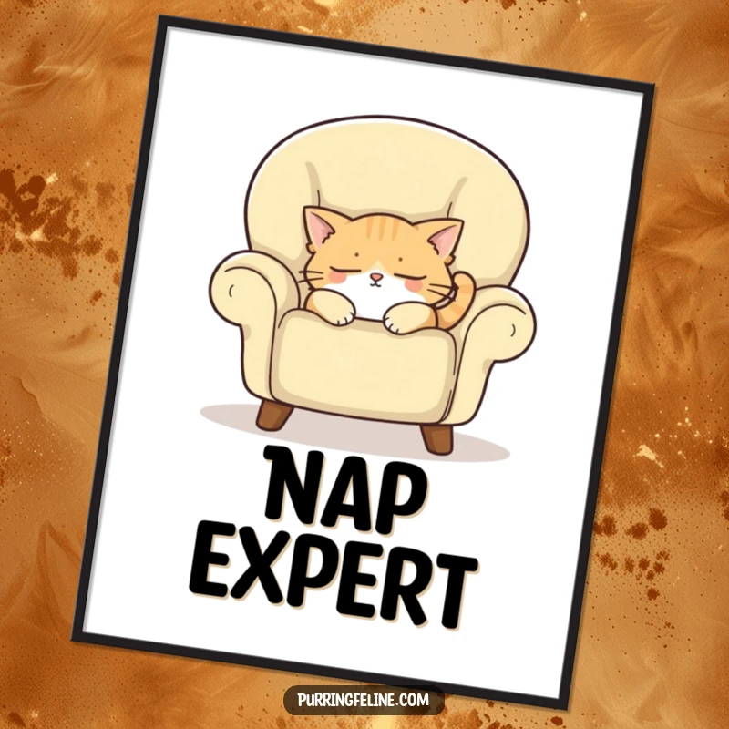 Funny digital art print of a sleepy cat enjoying a nap in a cozy armchair, radiating peace and humorous comfort.
