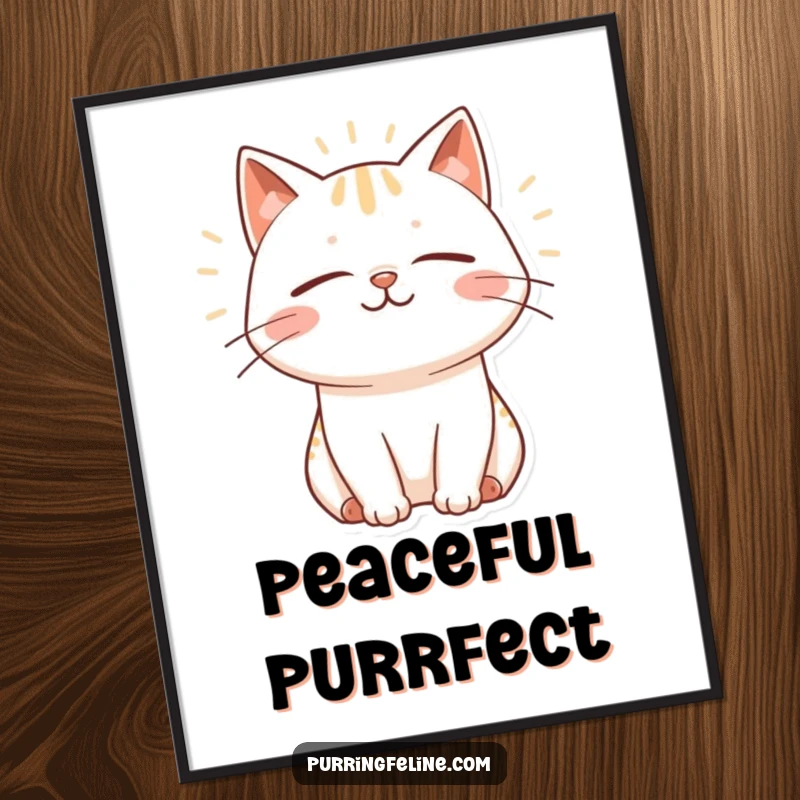 Funny Digital Art Print of a cat with closed eyes and a contented smile, emitting peaceful vibrations, instantly downloadable art.