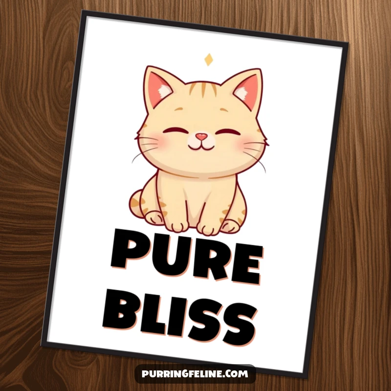 Funny serene cat digital art print of a cat with a soft smile and a visible hum of happiness, ideal for calming wall decor.