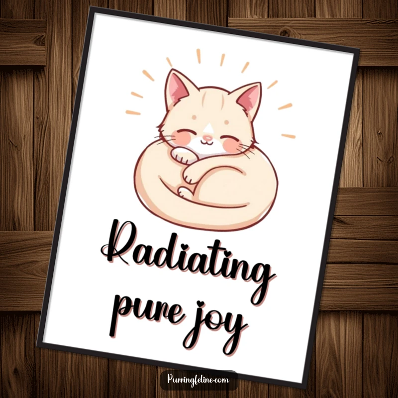 Funny Digital Art Print of a curled cat with soft waves of contentment radiating outwards, instantly downloadable art.