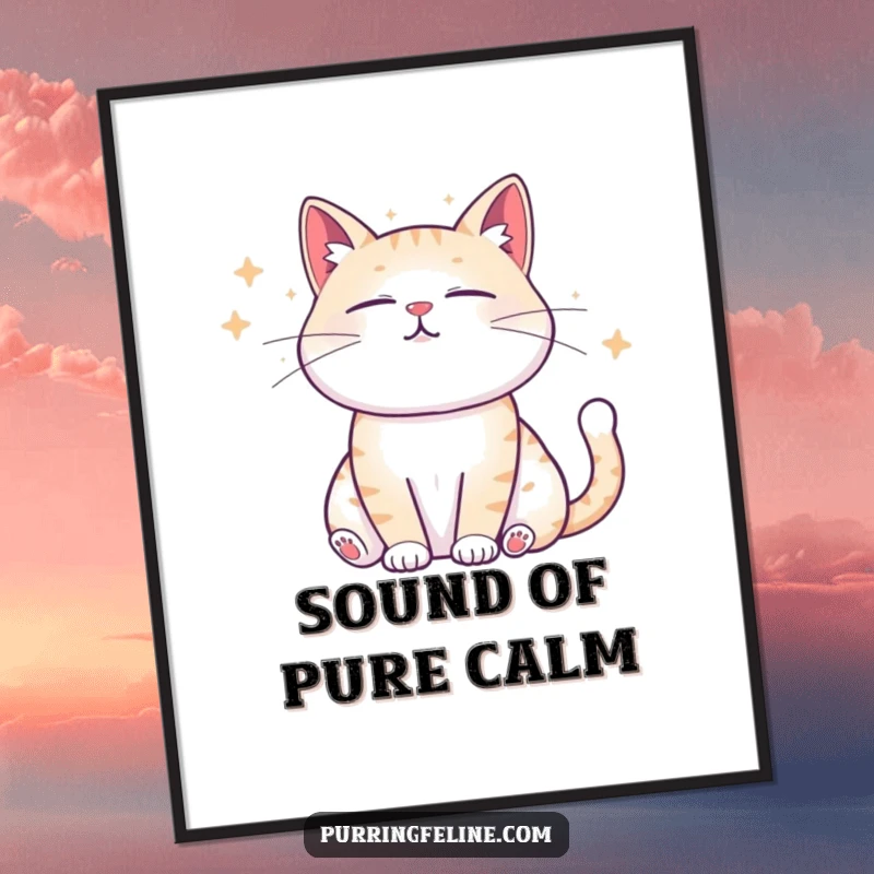 Funny Digital Art Print of a zen cat emitting soothing sound waves, bringing humorous tranquility to your decor.