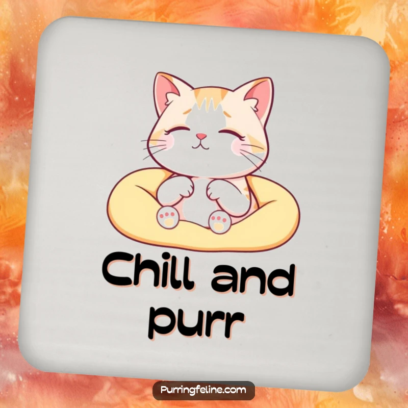Funny serene cat coasters, a cat purring softly in a warm lap, protecting surfaces with cozy charm.