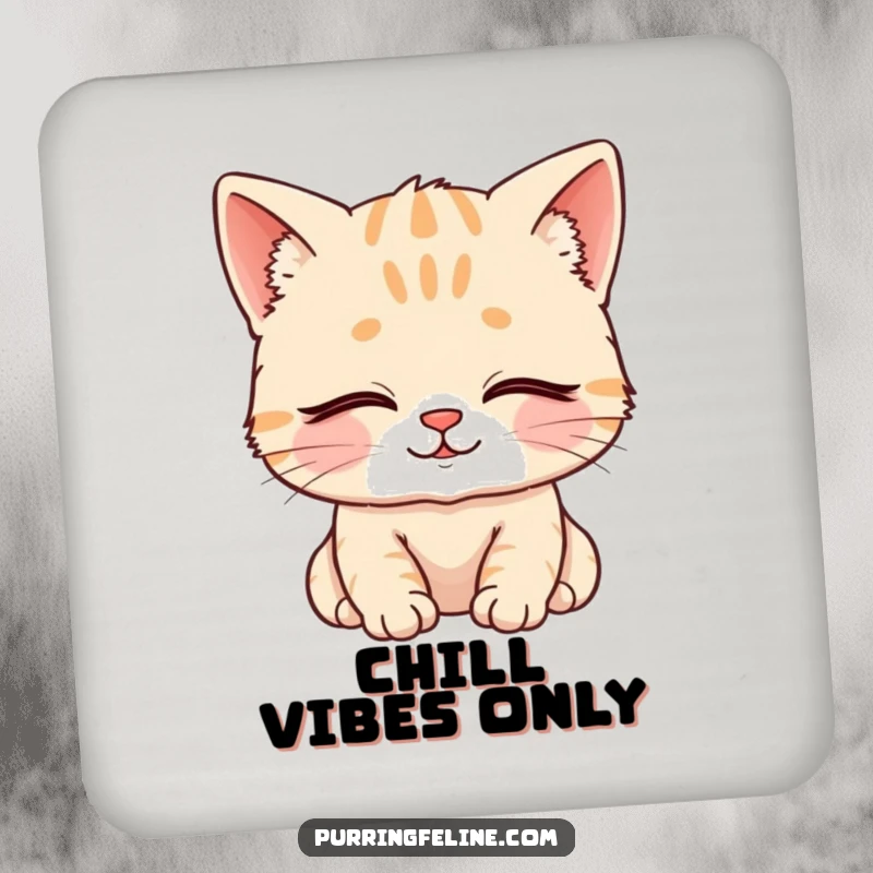 Funny Drink Coaster featuring a content cat cub with closed eyes and a serene smile, adding humor and protecting surfaces.