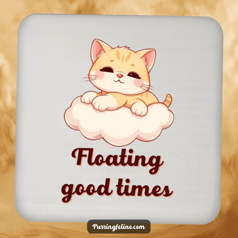 Funny Drink Coaster featuring a relaxed cat cub on a sunny cloud, adding humor and protecting surfaces.