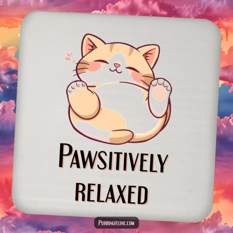 Funny Cat Kneading Coaster featuring a happy cat lying on its back, paws kneading the air, protecting your furniture with style.