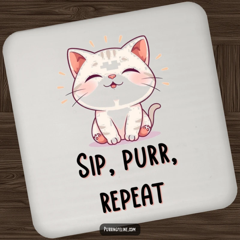 Funny coaster with a cat emitting soft, rhythmic vibrations of contentment, protecting surfaces with humorous feline peace, a practical and cute gift.