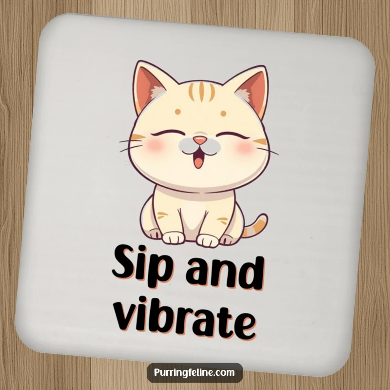 Funny content cat coaster featuring a serene cat vibrating with subtle, happy energy, protecting surfaces with peace.