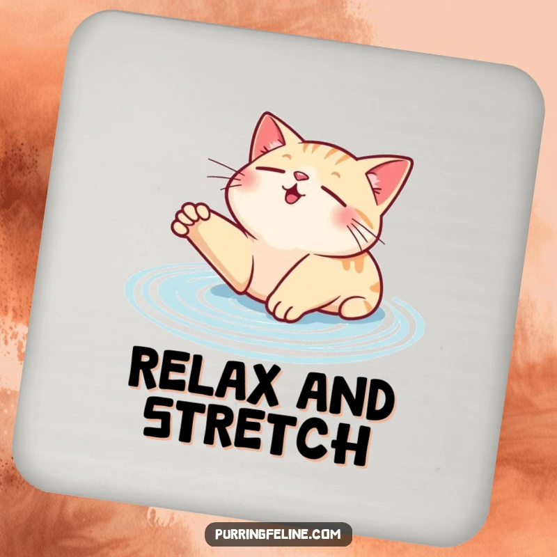 Funny contented cat drink coaster, a cat stretching with visible purr ripples, conveying deep relaxation and contentment.