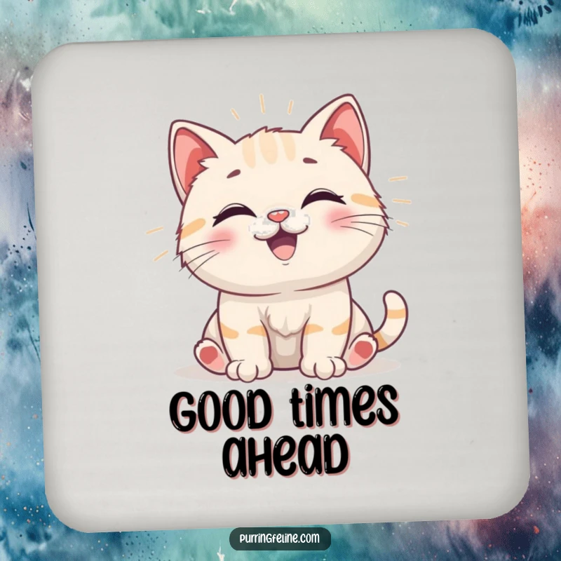 Funny Coaster showing a happy cat cub emitting gentle vibrations, protecting surfaces with adorable, humorous positivity.