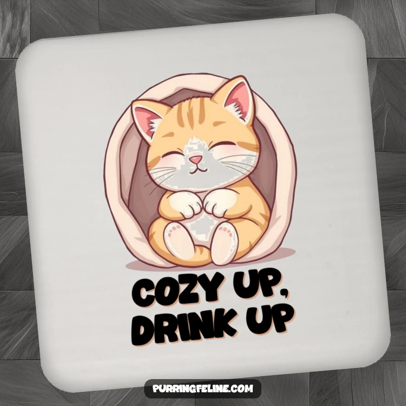Funny purring cat coasters, a cat purring softly while tucked into a small, warm space, protecting surfaces with cozy charm.
