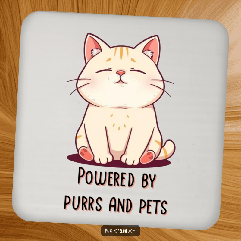 Funny coasters with a relaxed cat demonstrating its purr vibration, adding a touch of humor and protection.