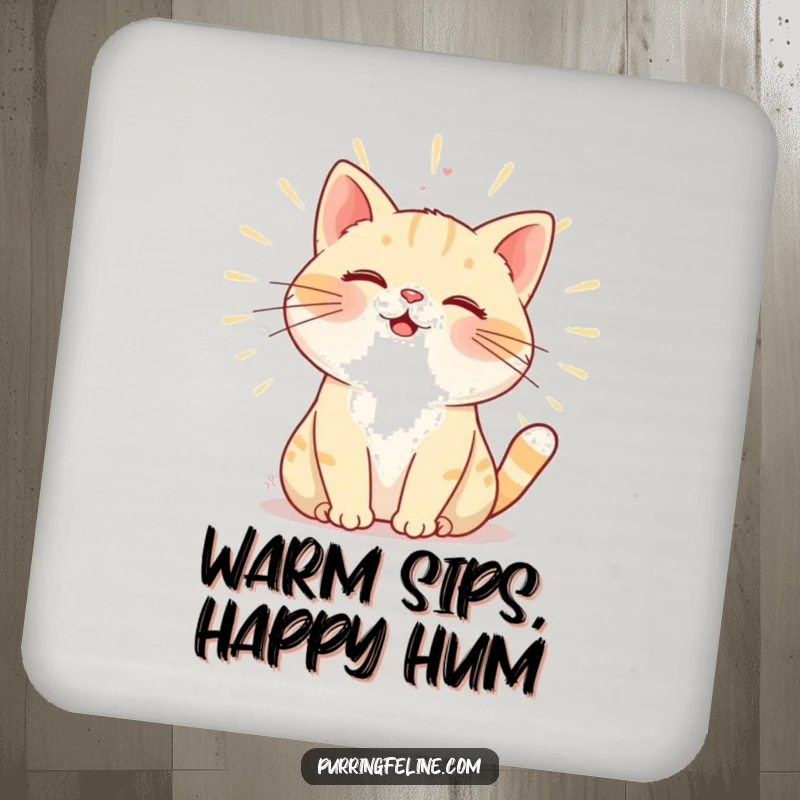 Funny Coaster: A purring cat radiating warmth through its gentle hum, protecting surfaces with serene charm.