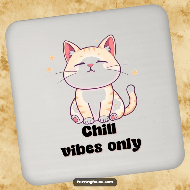Funny Coasters showcasing a meditating cat emitting gentle sound waves, offering humorous protection.