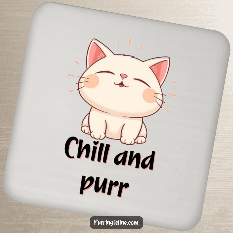Funny drink coaster featuring a content cat character emitting gentle, pulsating sound waves.