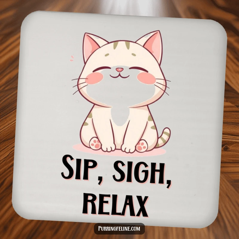 Funny cat drink coaster featuring a happy cat sighing gently, offering peace and surface protection.