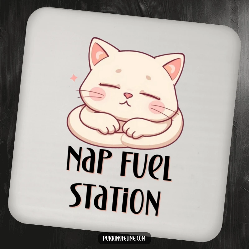 Funny Coasters showcasing a sleeping cat with subtle visual cues of purring, offering humorous protection.
