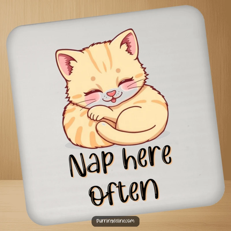 Funny Purring Cat Cub Drink Coaster - a sweet kitten illustration offering surface protection with cozy, humorous appeal.