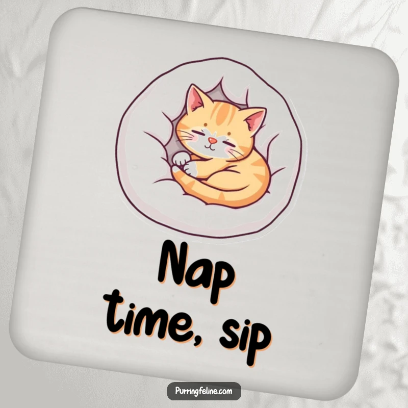 Funny cat drink coaster featuring a contented cat resting in a cozy bed, offering peace and surface protection.