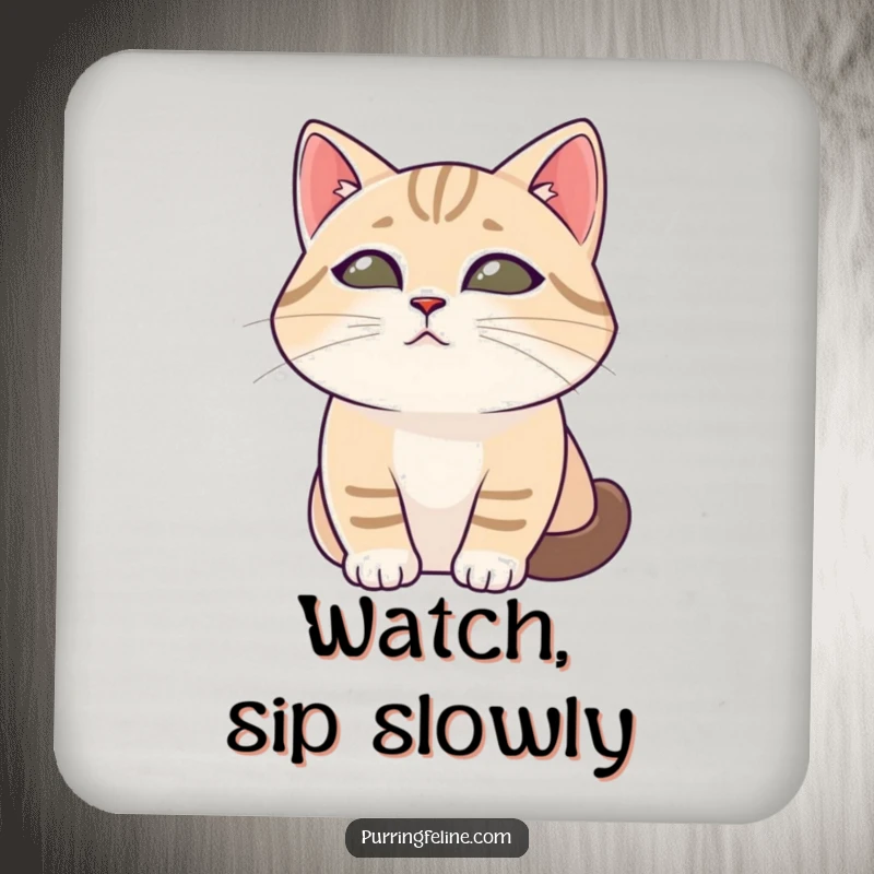 Funny cat drink coaster featuring a tranquil cat with soft eyes observing, offering peace and surface protection.