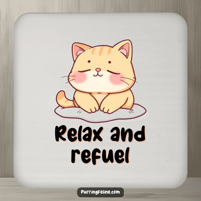 Funny mellow cat coasters, a cat basking in a peaceful, quiet moment, protecting surfaces with calm charm.
