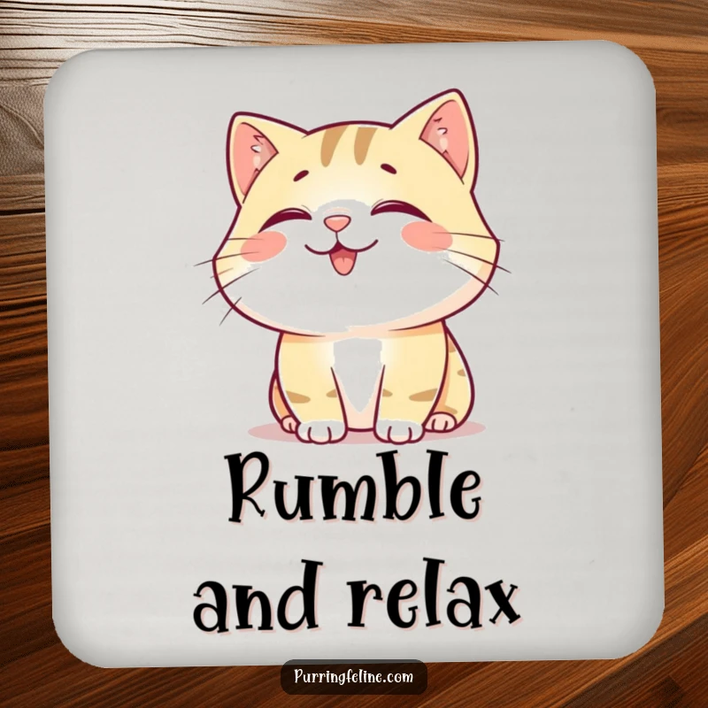 Funny Coaster: A happy, content cat emanating a soft rumble, protecting surfaces with serene charm.