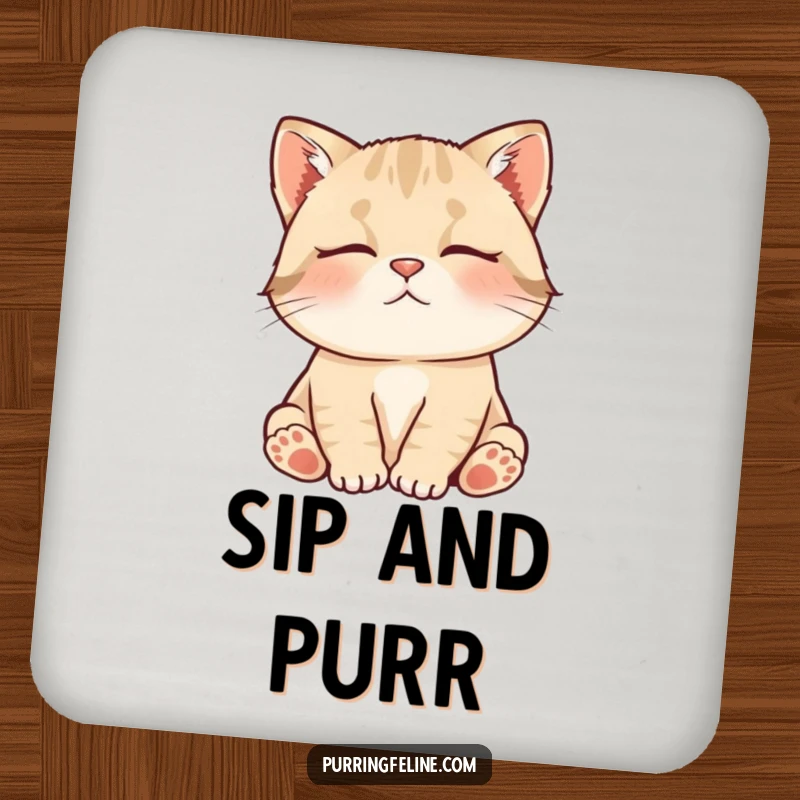 Funny Coaster showing a contented cat cub murmuring softly, protecting tables with adorable, humorous feline charm.