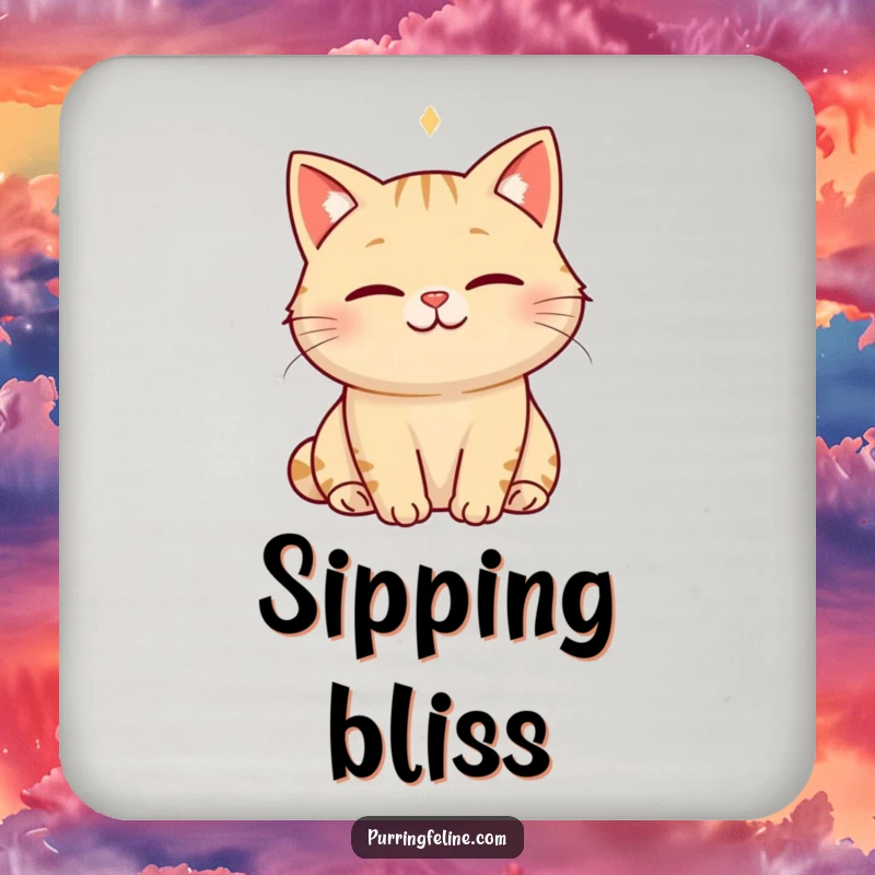 Funny serene cat coaster with a smiling cat emitting a visible hum of happiness, protecting surfaces with peaceful feline charm.