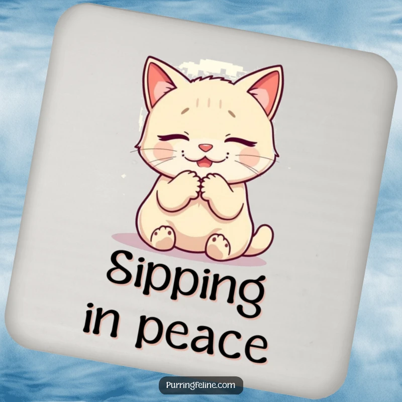 Funny drink coasters with a purring cat and warm glow, protecting surfaces humorously.