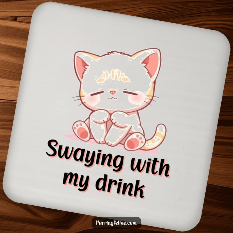 Funny Peaceful Cat Cub Drink Coaster - a tranquil kitten swaying gently, offering surface protection with serene, humorous appeal.