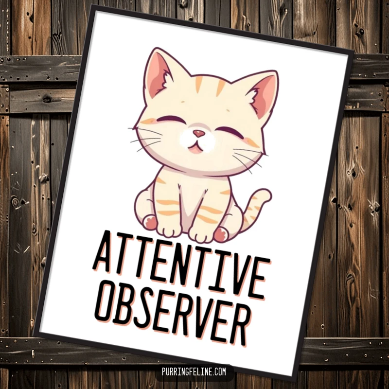 Funny Cat Poster: A serene cat cub listens intently with focused ears, exuding curiosity and deep concentration.