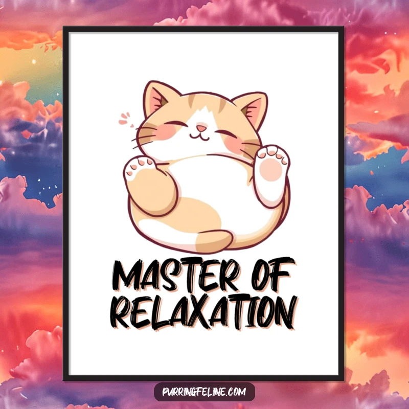 Funny Cat Kneading Poster depicting a serene cat on its back, paws gently kneading the air in a display of utter bliss.
