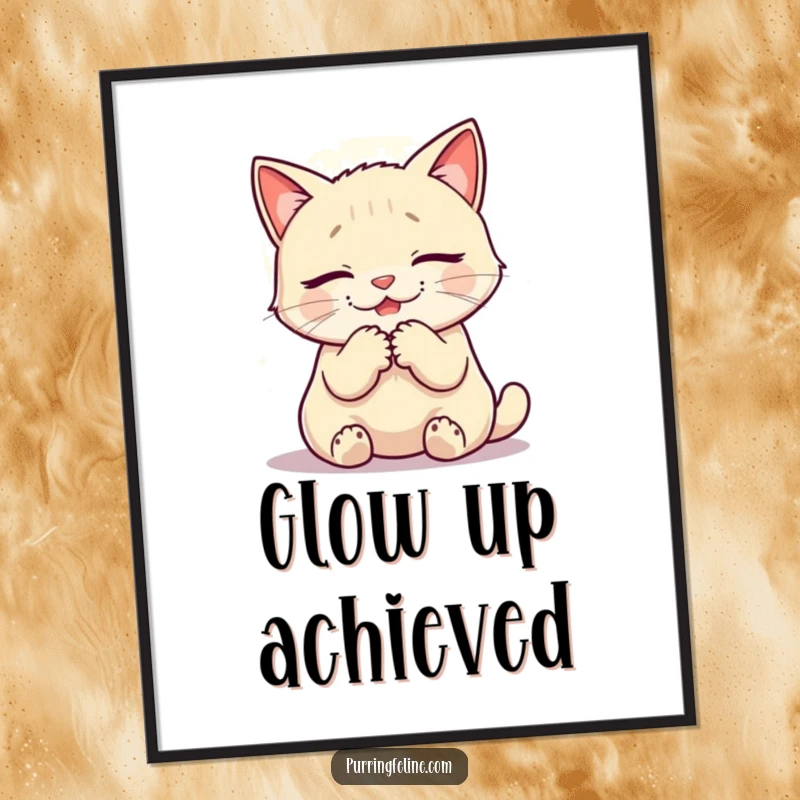 Funny poster of a purring cat surrounded by a warm glow, bringing serene vibes to decor.
