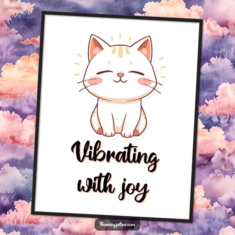 Funny Poster art of a cat with closed eyes and a contented smile, emanating peaceful vibrations, ideal for happy home decor.