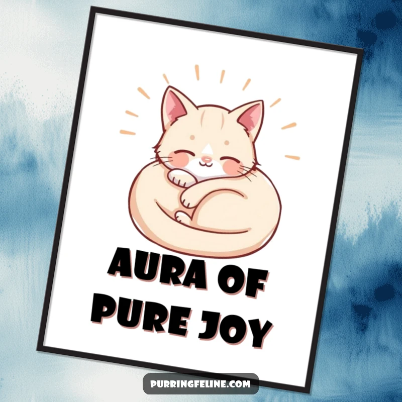 Funny Poster art of a curled cat with soft waves of contentment radiating outwards, ideal for creating a peaceful and zen atmosphere.