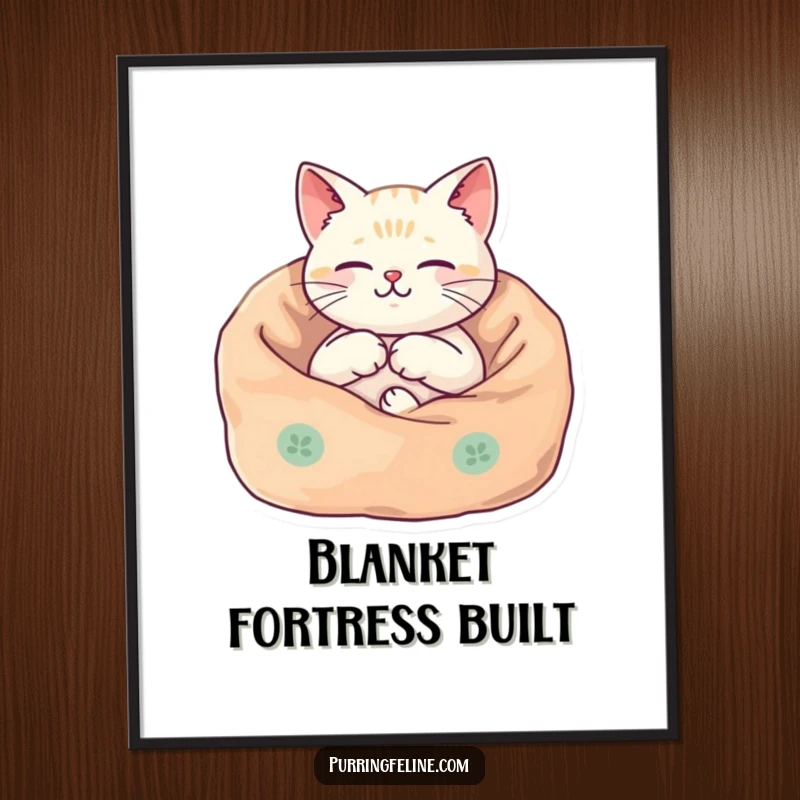 Funny Poster art of a cat nestled in a cozy blanket, its body vibrating harmoniously, ideal for creating a peaceful atmosphere.