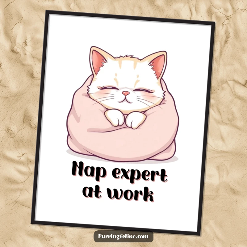 Funny cat poster, cozy cat nestled in a blanket, purring audibly, humorous and cozy artwork, perfect funny gift for decor.