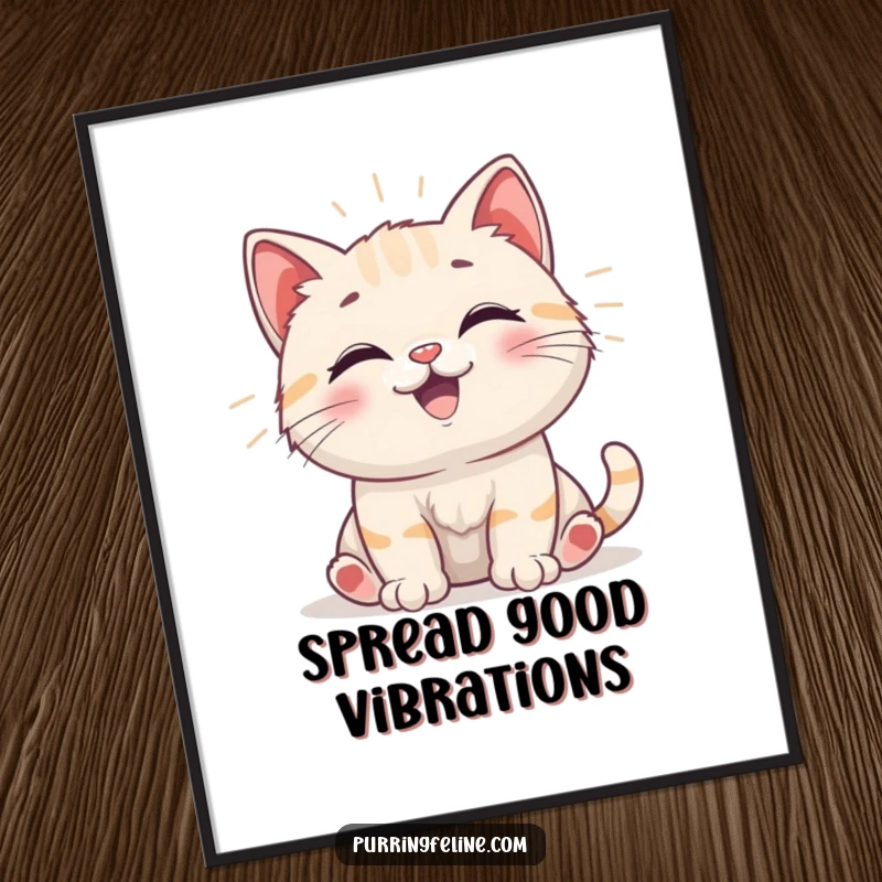 Funny Poster depicting a happy cat cub emitting gentle vibrations, bringing cheerful energy and humorous vibes to any wall space.