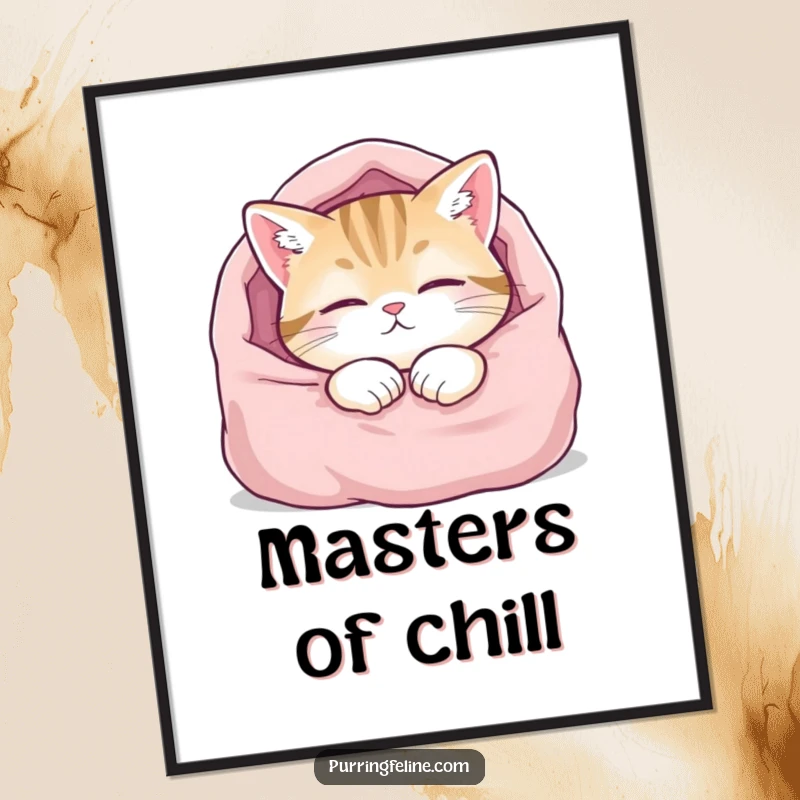 Funny poster art of a content cat deeply asleep in a soft blanket, eyes half-closed, evoking a peaceful and humorous atmosphere.