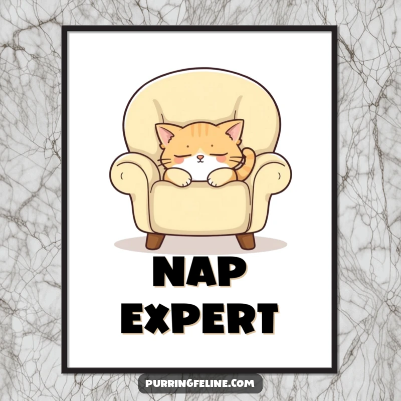 Funny poster art of a sleepy cat dozing off in a cozy armchair, evoking a peaceful, humorous, and inviting atmosphere.