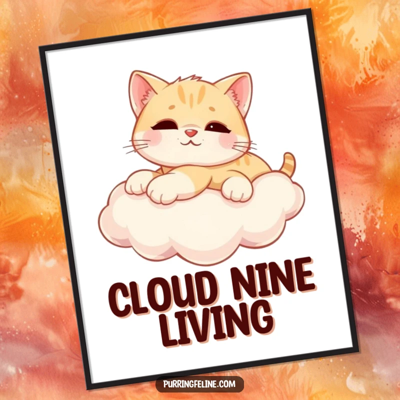 Funny Poster depicts a relaxed cat cub stretched out comfortably on a sunny cloud, bringing whimsical peace to wall decor.