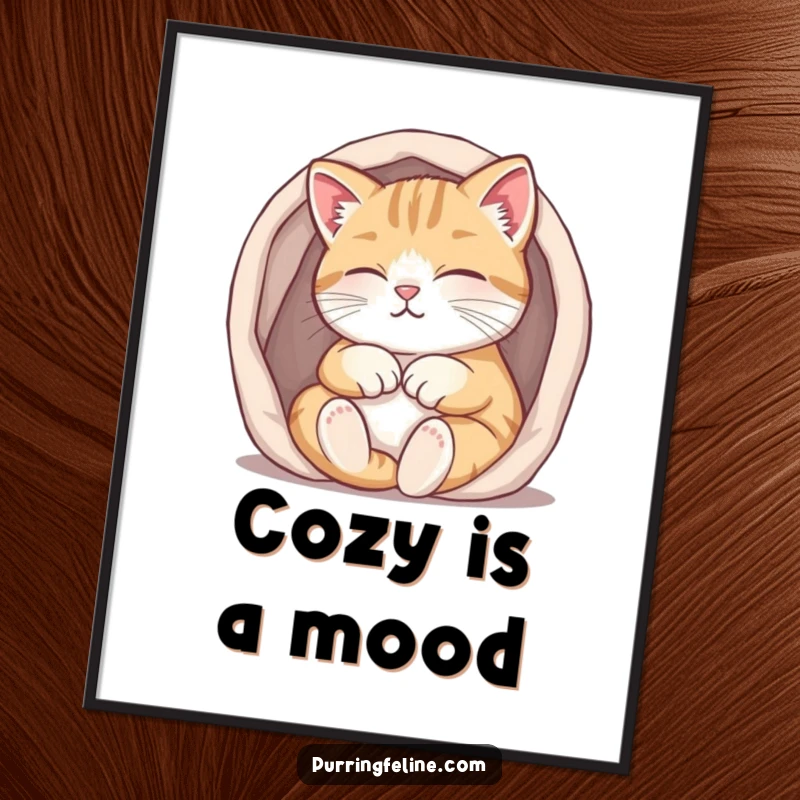 Funny purring cat poster, a happy cat snuggled into a small, warm space, emitting soft purrs, a visual of pure coziness.