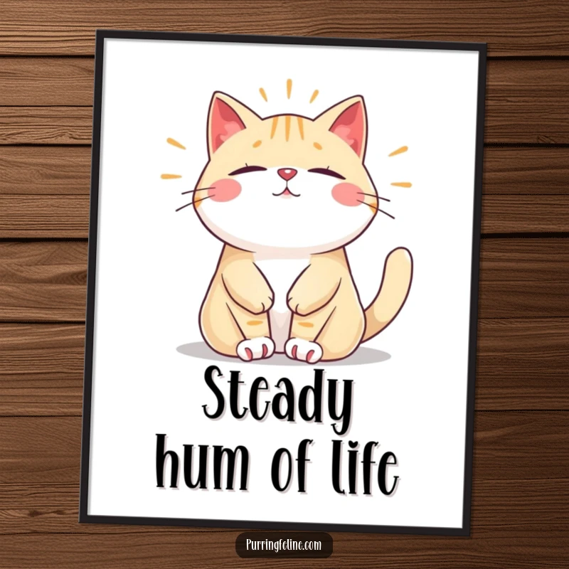 Funny poster of a relaxed cat vibrating with a peaceful, steady hum, bringing artistic serenity and humor to any room, a lovely gift.