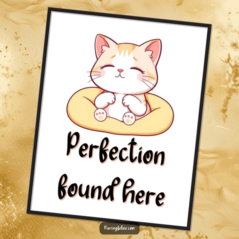 Funny serene cat poster, a happy cat nestled in a warm lap, emitting soft purrs, a visual of pure comfort.