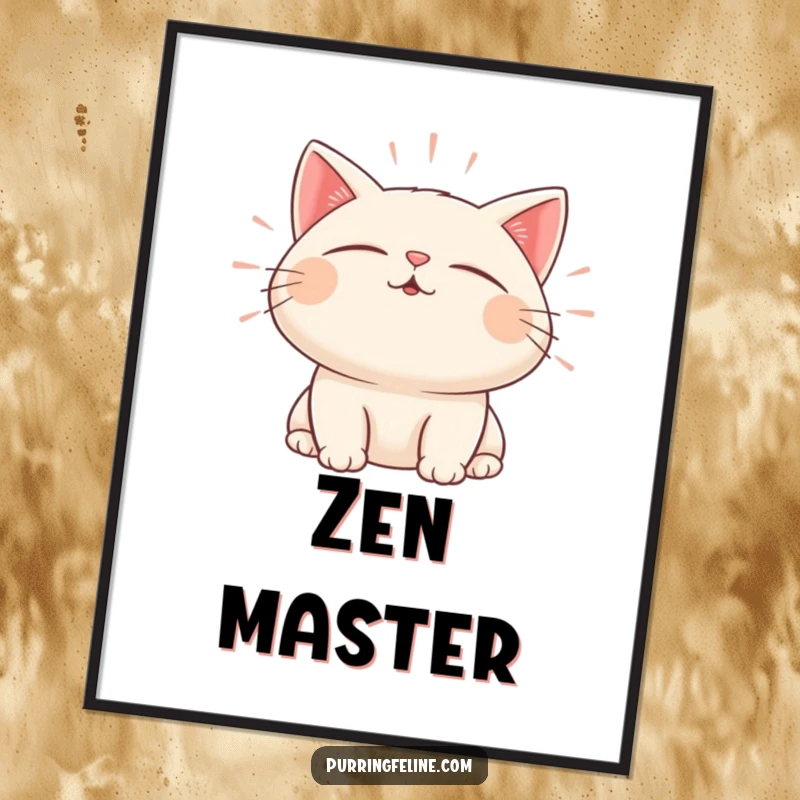 Funny poster featuring a cat character with closed eyes emitting gentle, pulsating waves of sound.