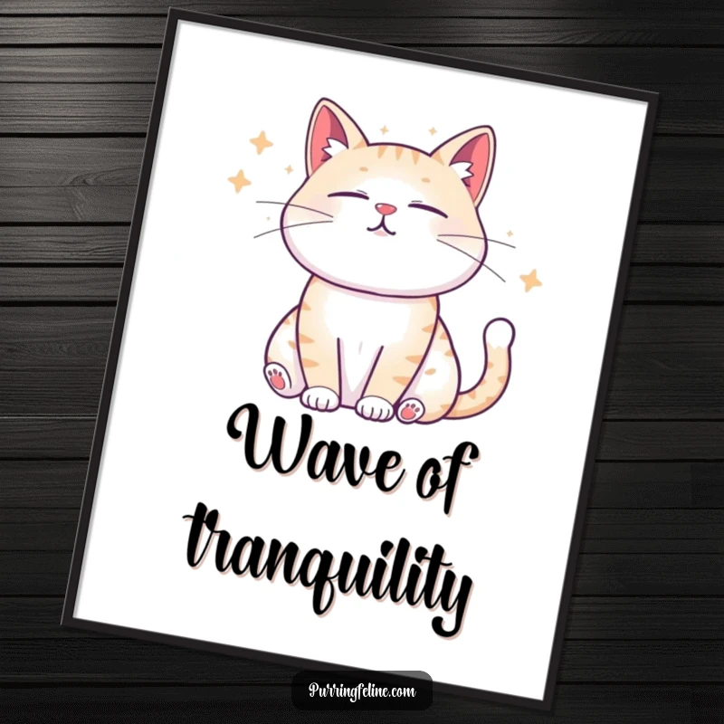 Funny Poster of a zen cat emitting serene sound waves, bringing humorous calm and relaxation to any room.