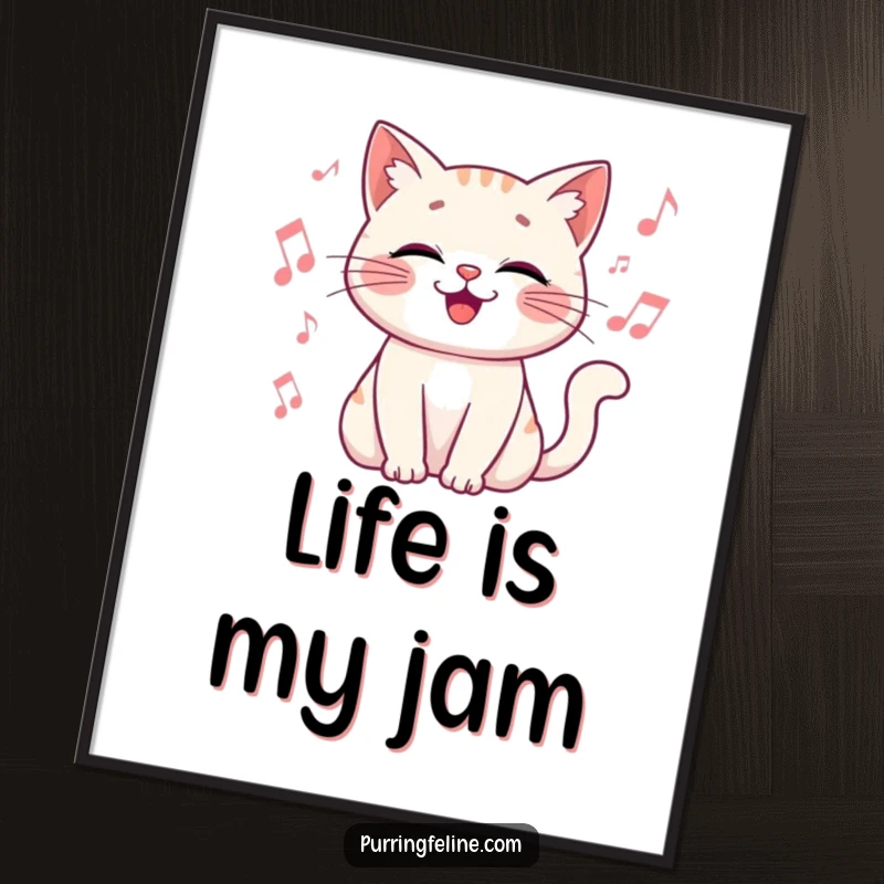 Funny Poster of a happy cat vibrating gently, surrounded by musical notes, radiating musical happiness.