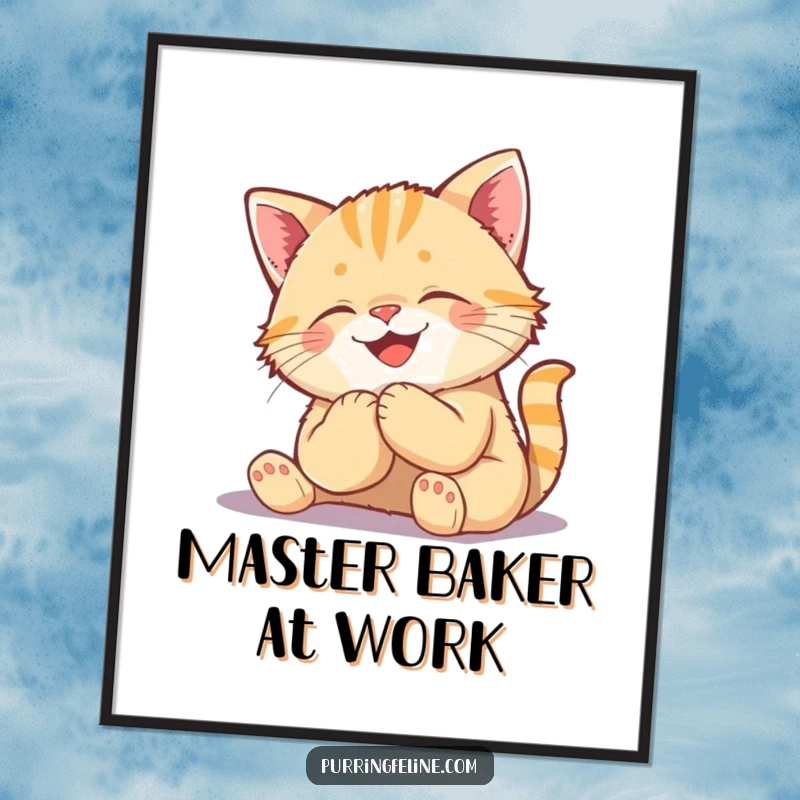 Funny Kneading Cat Cub Poster - a blissful kitten actively kneading, representing pure joy and contentment on your wall.