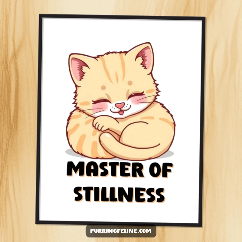 Funny Purring Cat Cub Poster - a serene kitten curled up, emitting happiness and cozy charm for your walls.