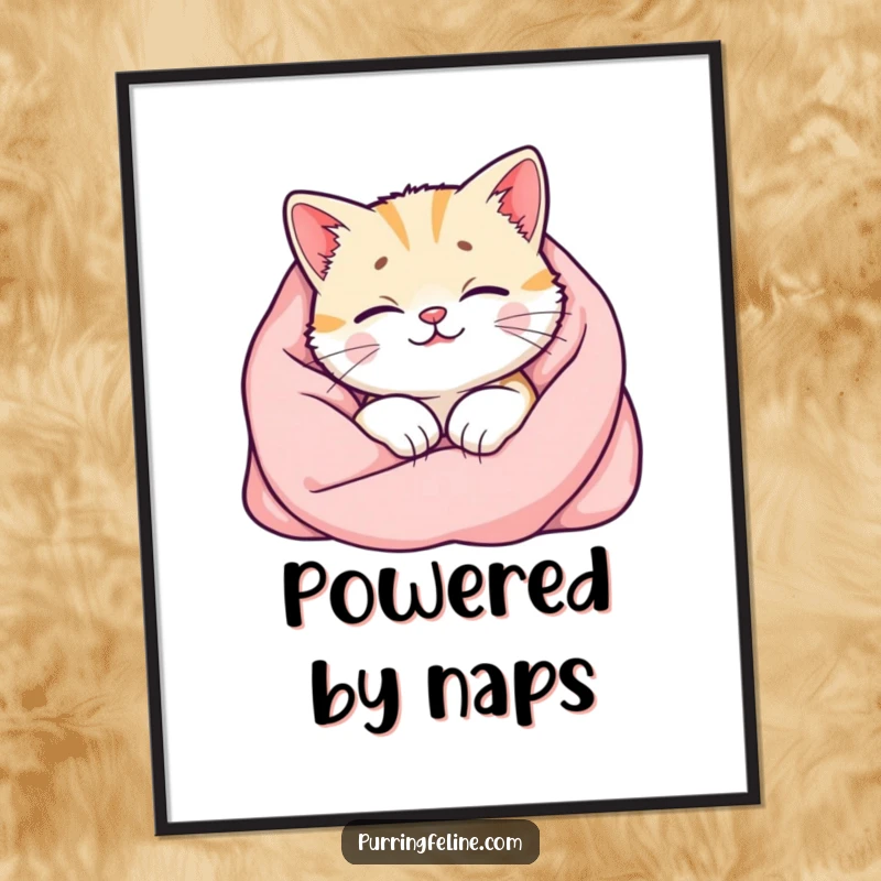 Funny cat poster artwork depicting a happy cat in a soft blanket, its purr emanating a visible warm glow, creating a cozy atmosphere.